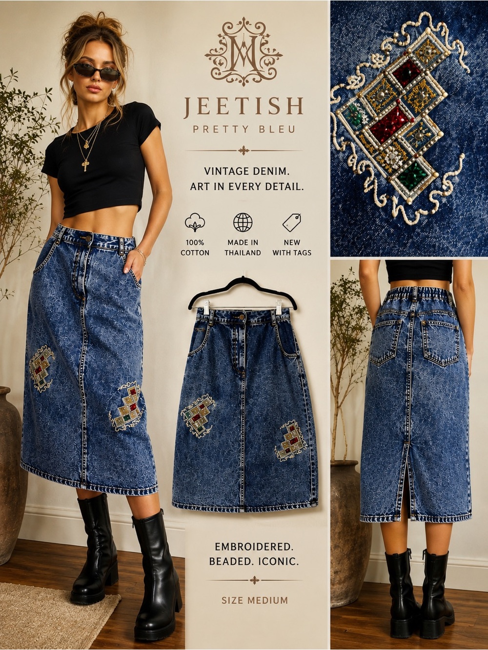 Vintage NWT  Jeetish Pretty Bleu Denim Skirt  M Embroidered Beaded Acid Wash B7